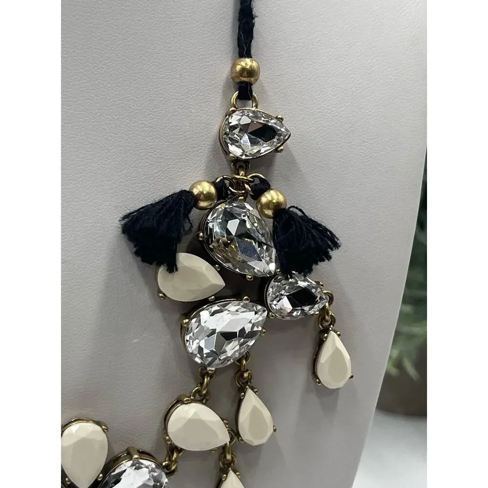 J. Crew Crystal Clear Milky White Gems Black Fringe‎ Adjustable Tie Necklace